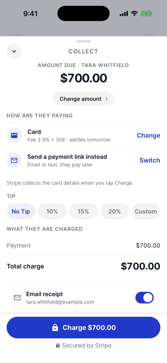 The collect sheet: the amount due and who owes it, above card, a payment link, and the tip options