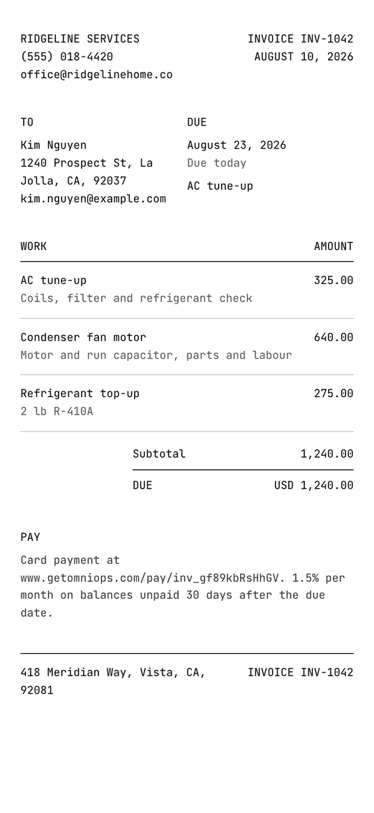 An invoice: itemized lines under the business’s own name and contact details, payable on the customer’s phone