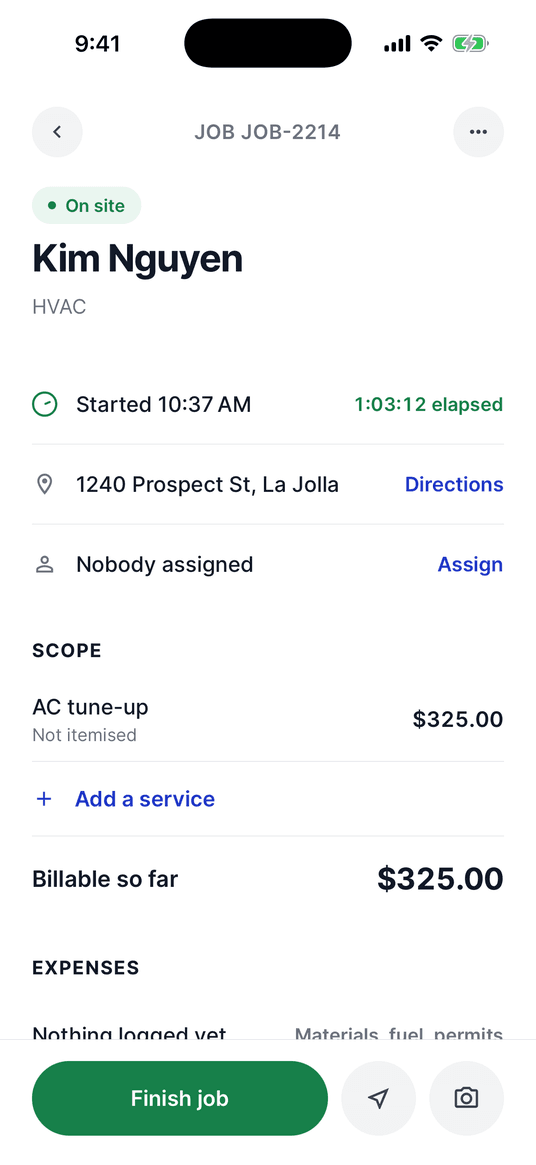 A job in progress: on site, clocked in at 10:37, the timer running, and what is billable so far
