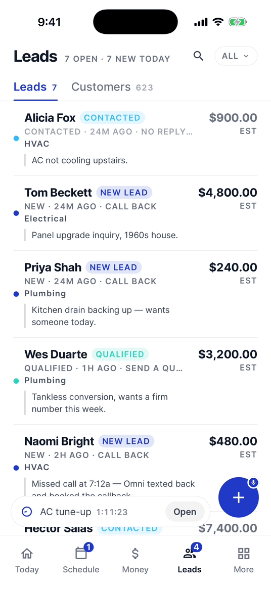 The Leads tab: every inquiry in one pipeline with its stage, its trade, what the customer asked for and what it is worth