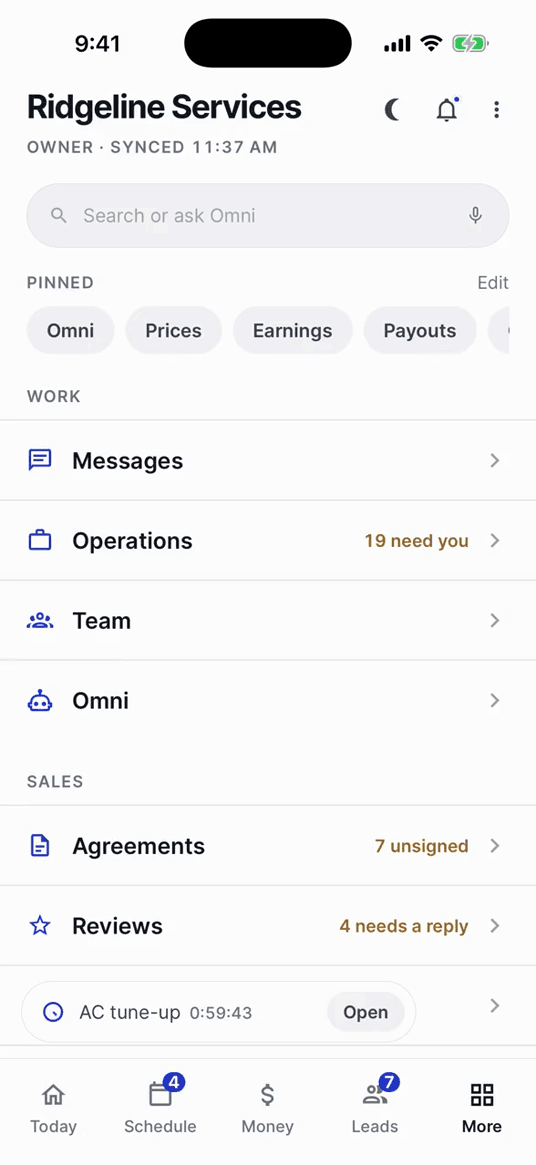 The More tab: pinned shortcuts over messages, operations, the team, Omni, agreements and reviews