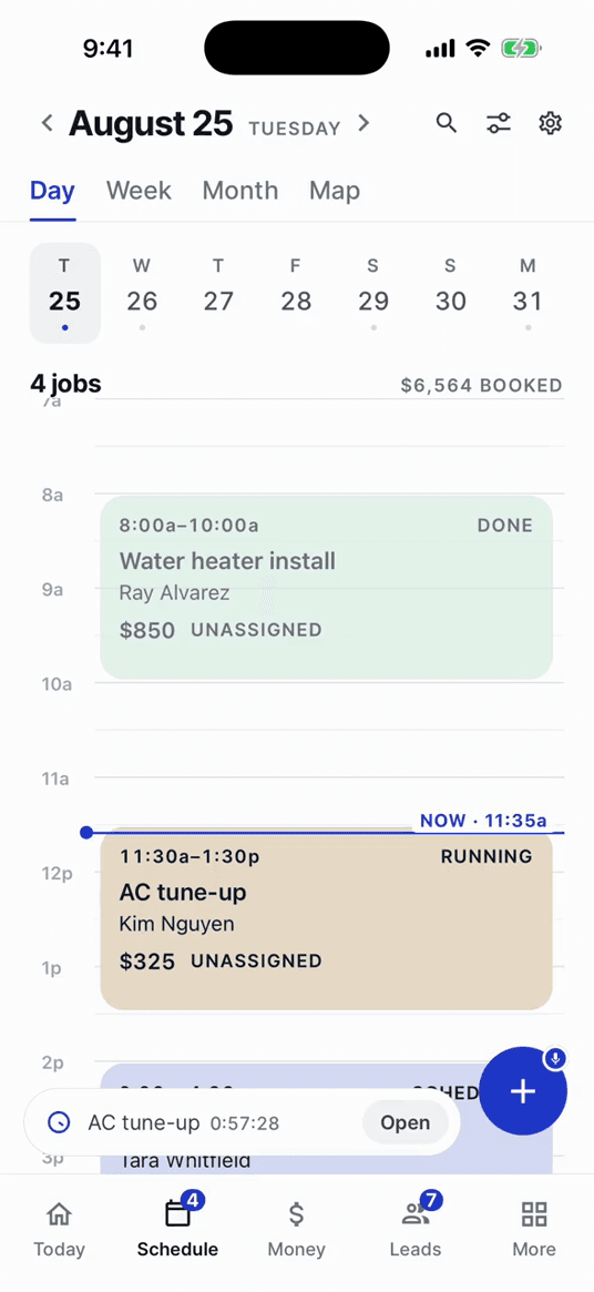 The Schedule tab on a single day, each job a card carrying its customer, its price and whether it is done, running or still to come