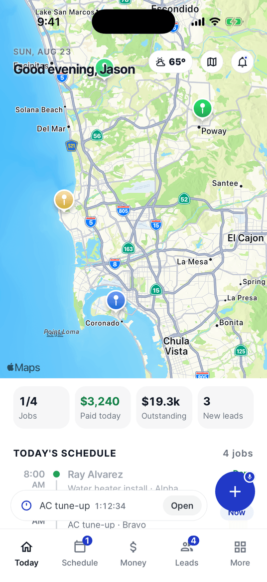 The Today tab: the day’s stops on a map above jobs done, money paid today, money outstanding and new leads