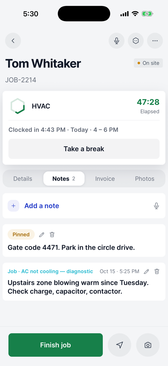 A job’s access notes, with the gate code, on the tech’s phone