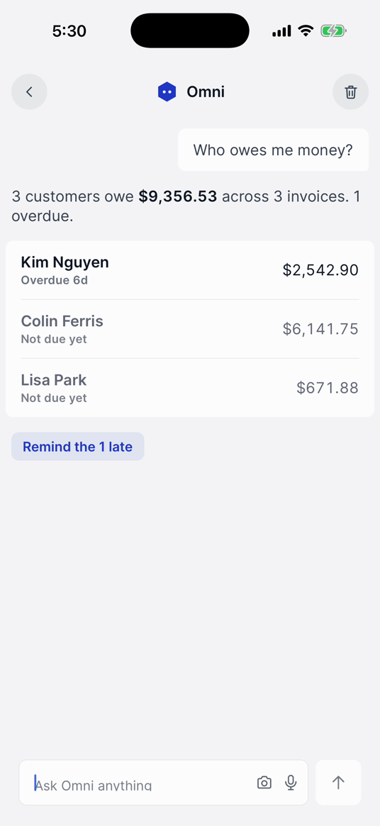 Omni listing the customers with an open balance, the overdue one first
