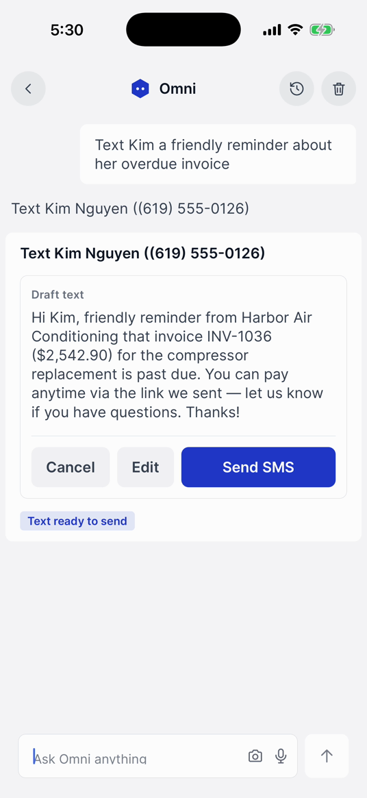 Omni drafting a payment reminder text, stopped with Send for you to tap